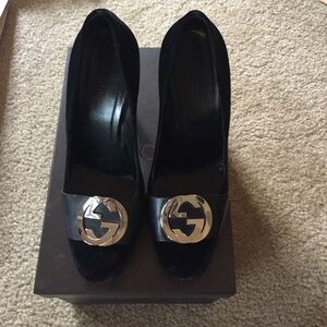 Gucci Black Velvet and Leather Pumps with Silver GG Emblem
